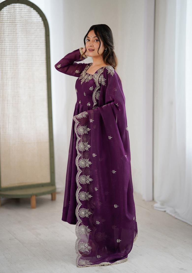 Wine Embroidered Silk Blend Kurta Set - Indya