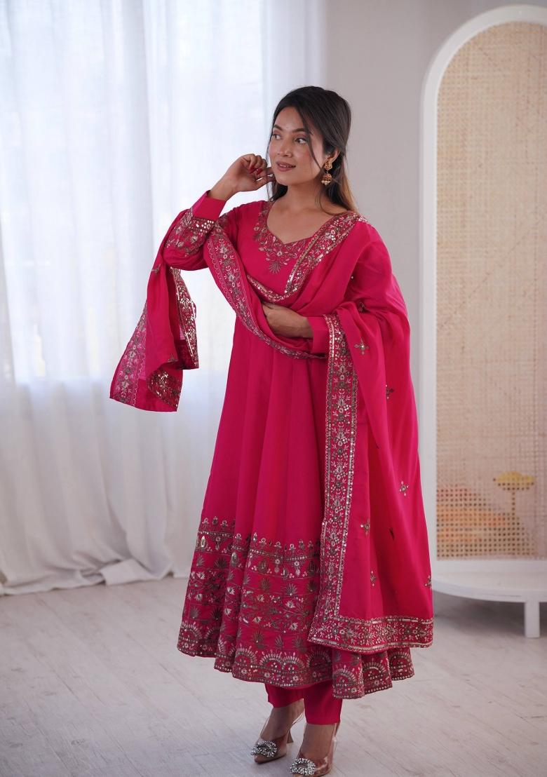 Pink Embroidered Silk Blend Kurta Set - Indya