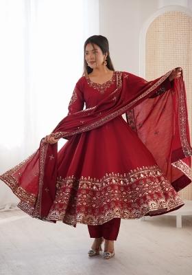 Red Embroidered Silk Kurta Set