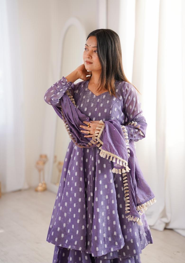 Purple Embroidered Silk Blend Kurta Set - Indya