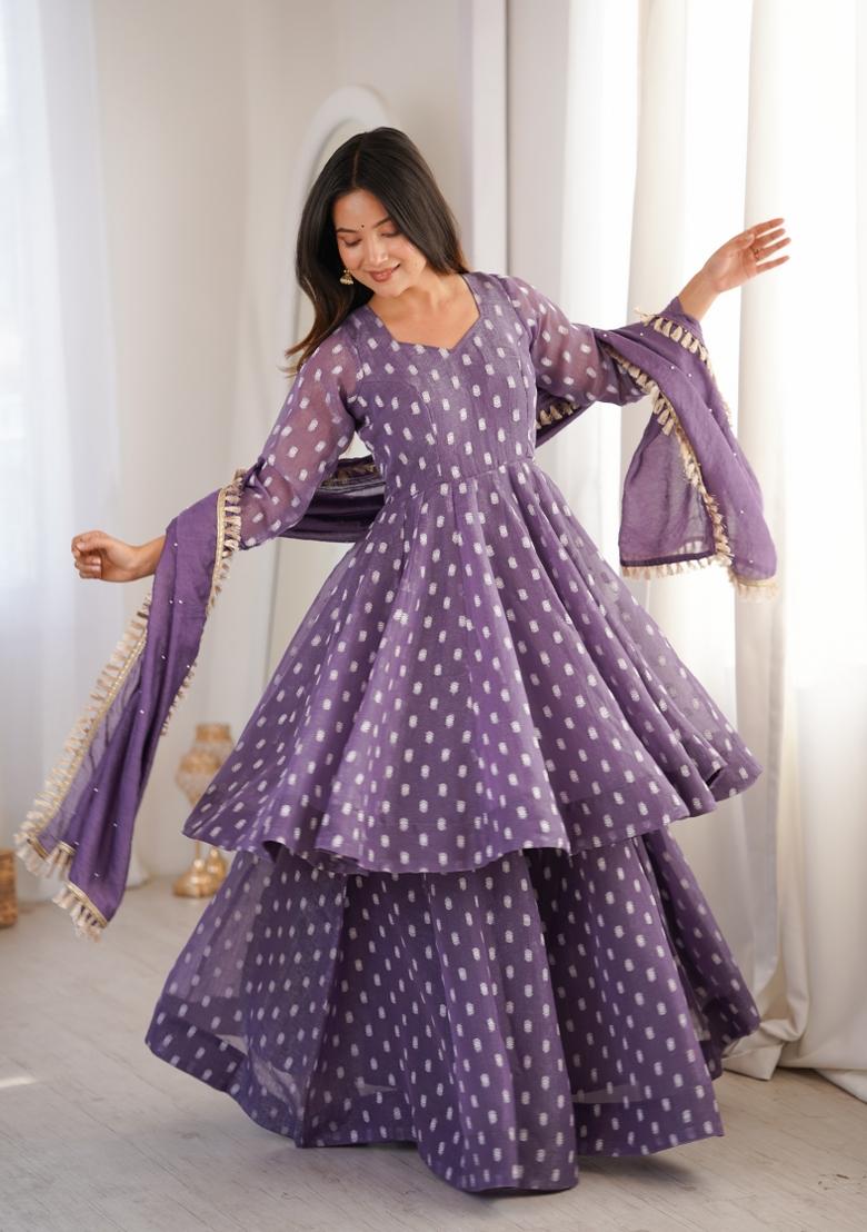 Purple Embroidered Silk Blend Kurta Set - Indya