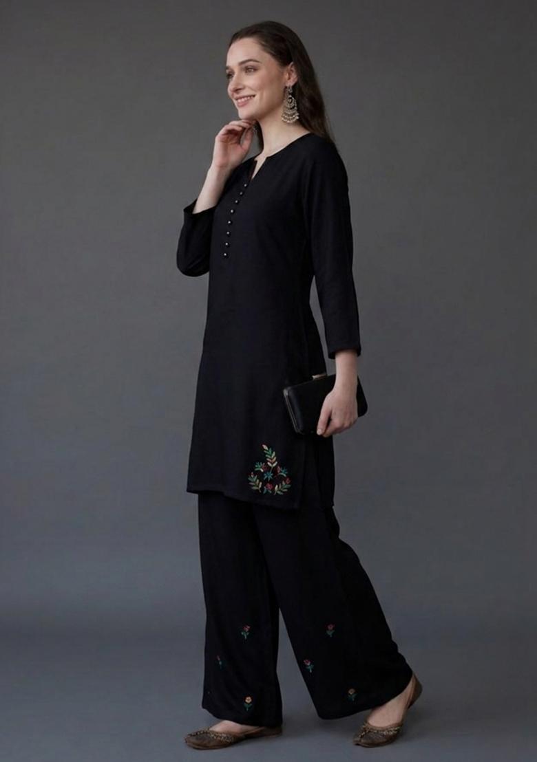 Black Embroidered Rayon Palazzo Set - Indya
