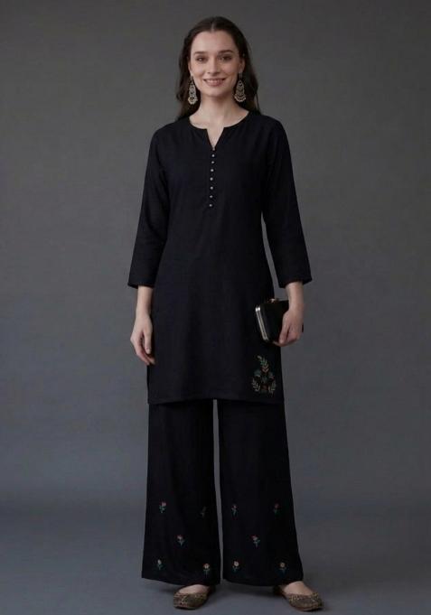 Black Embroidered Rayon Palazzo Set
