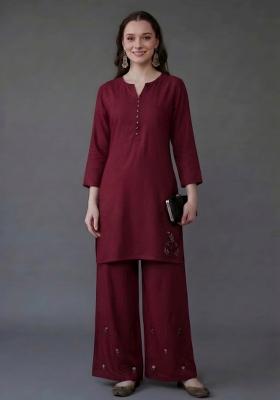 Maroon Embroidered Rayon Palazzo Set