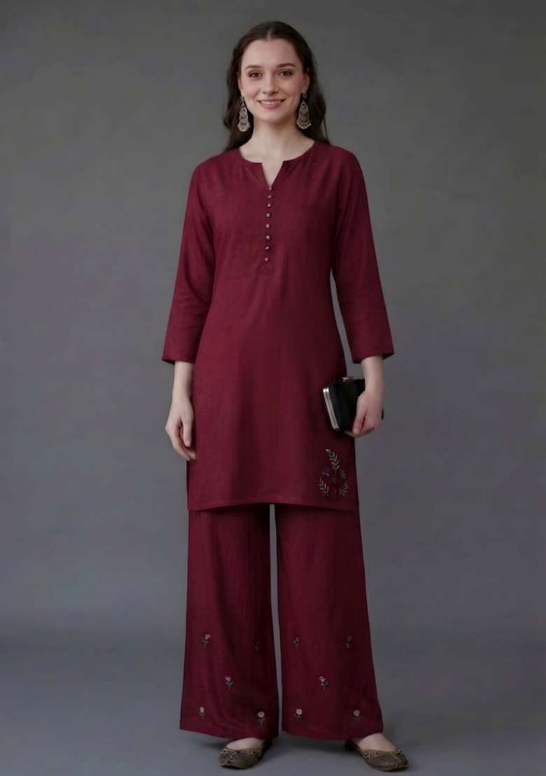 Maroon Embroidered Rayon Palazzo Set - Indya