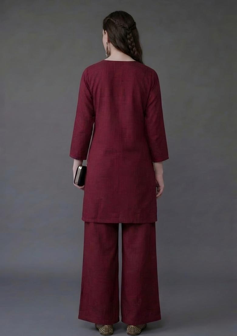 Maroon Embroidered Rayon Palazzo Set - Indya