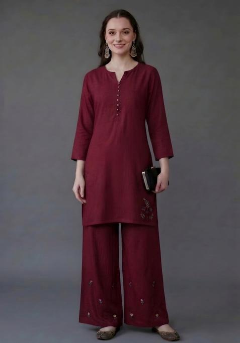 Maroon Embroidered Rayon Palazzo Set