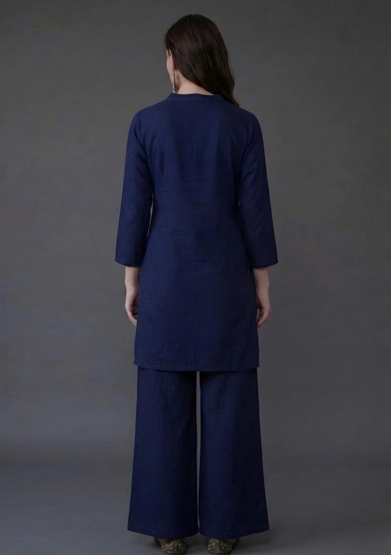 Blue Embroidered Rayon Palazzo Set - Indya