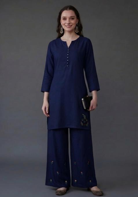 Blue Embroidered Rayon Palazzo Set