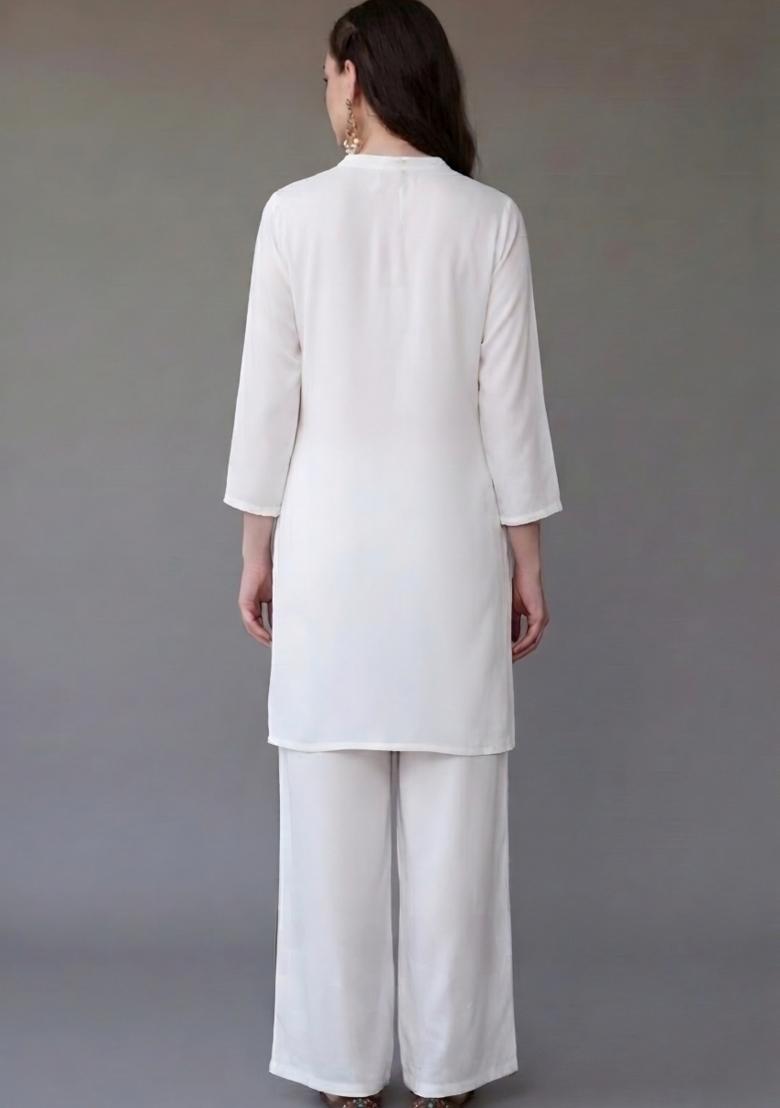 White Embroidered Rayon Palazzo Set - Indya