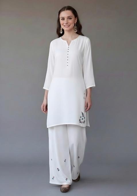 White Embroidered Rayon Palazzo Set