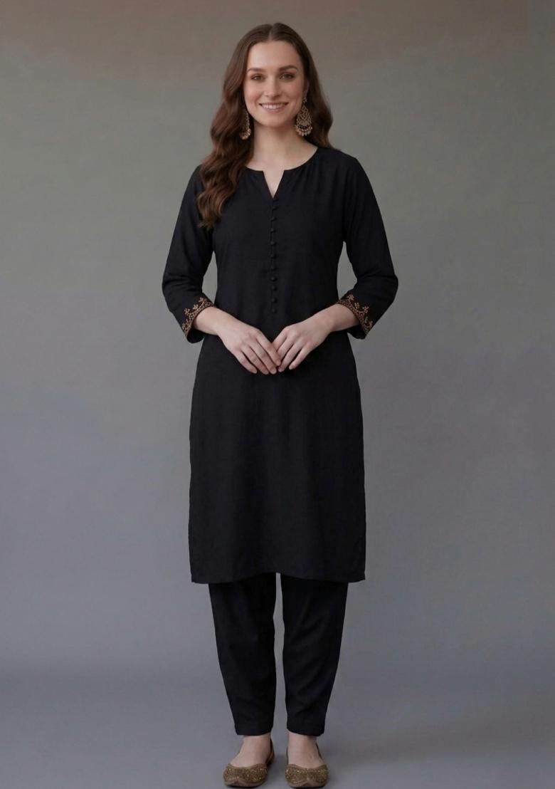 Black Embroidered Rayon Palazzo Set - Indya