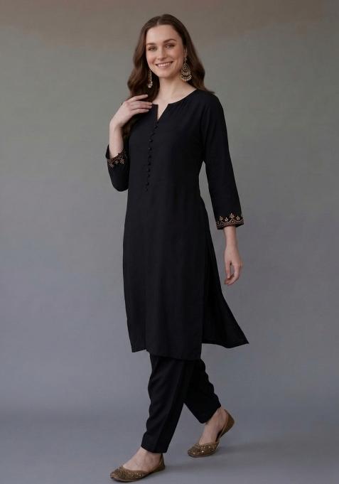 Black Embroidered Rayon Palazzo Set