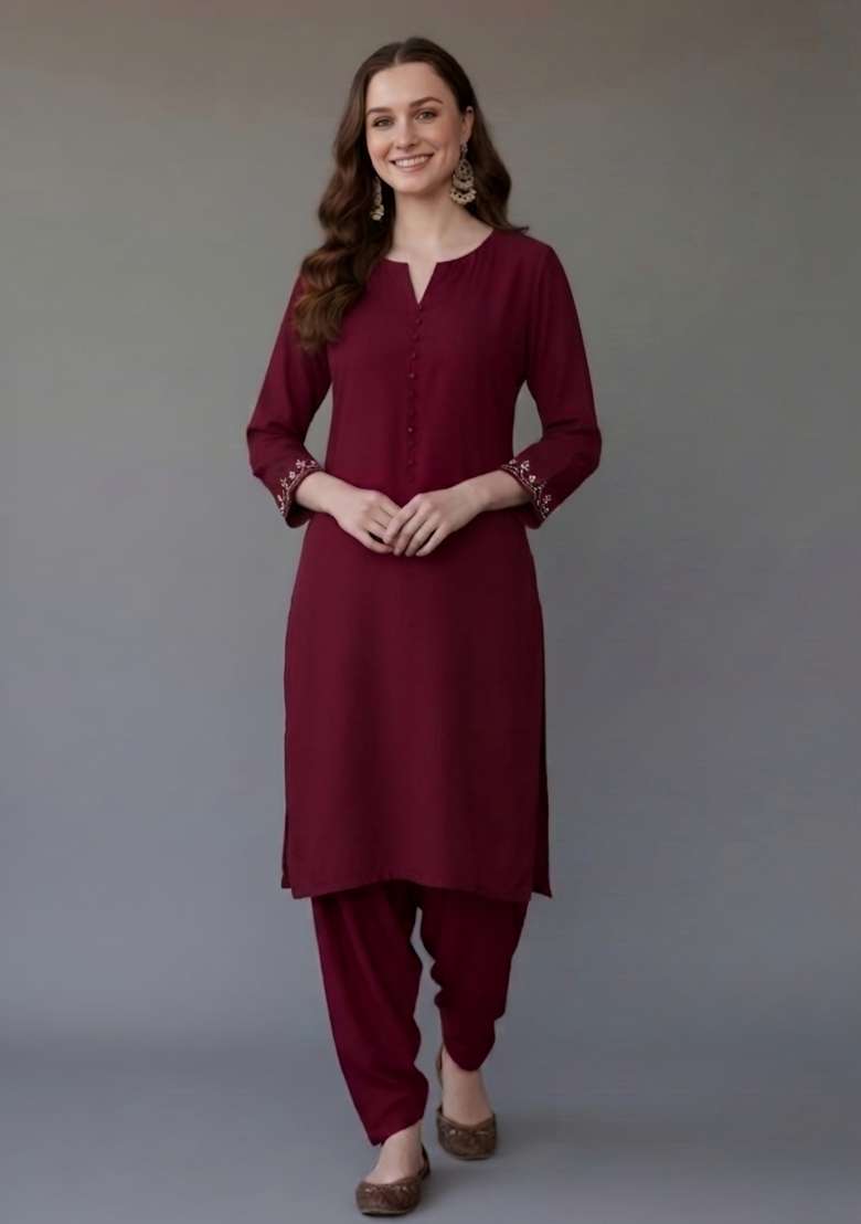 Maroon Embroidered Rayon Palazzo Set - Indya