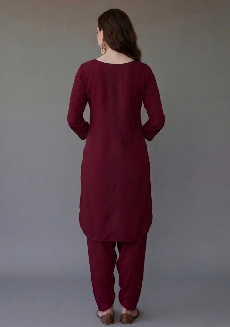 Maroon Embroidered Rayon Palazzo Set - Indya