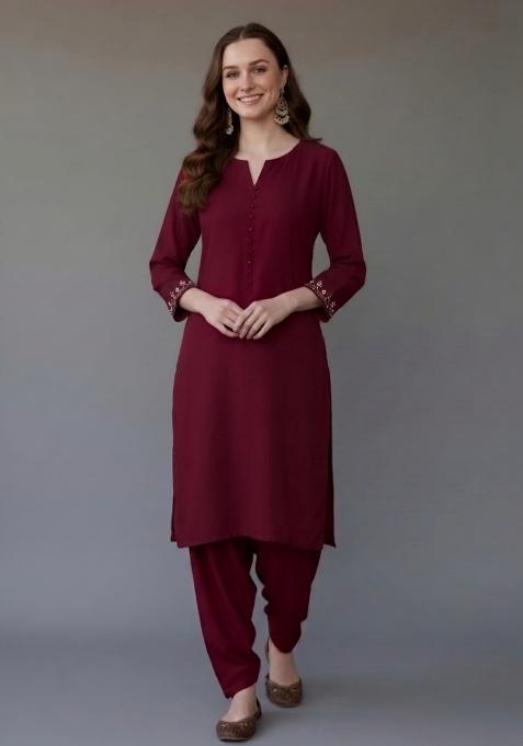 Maroon Embroidered Rayon Palazzo Set