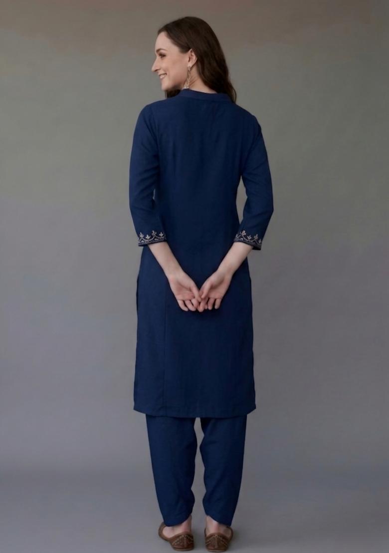 Blue Embroidered Rayon Palazzo Set - Indya