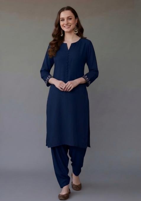 Blue Embroidered Rayon Palazzo Set