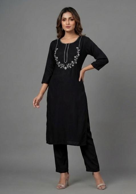 Black Embroidered Rayon Palazzo Set