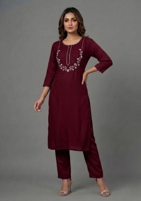 Maroon Embroidered Rayon Palazzo Set