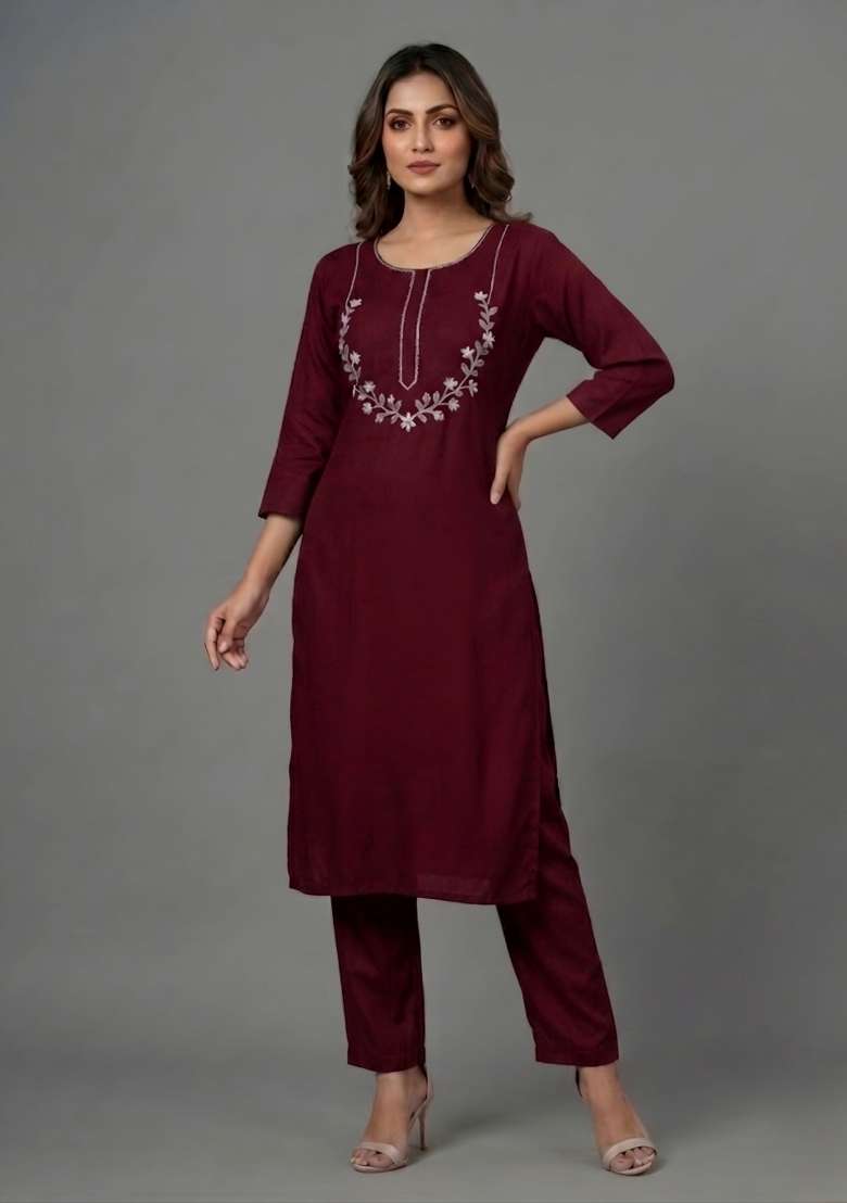 Maroon Embroidered Rayon Palazzo Set - Indya