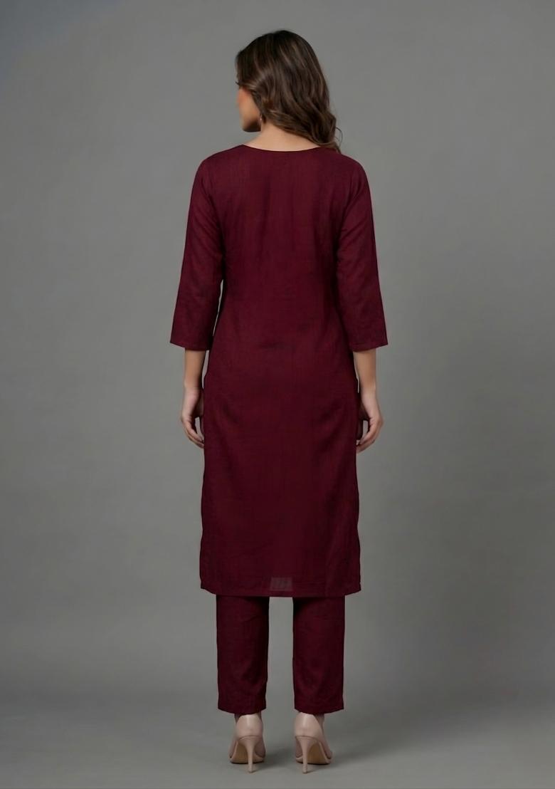 Maroon Embroidered Rayon Palazzo Set - Indya