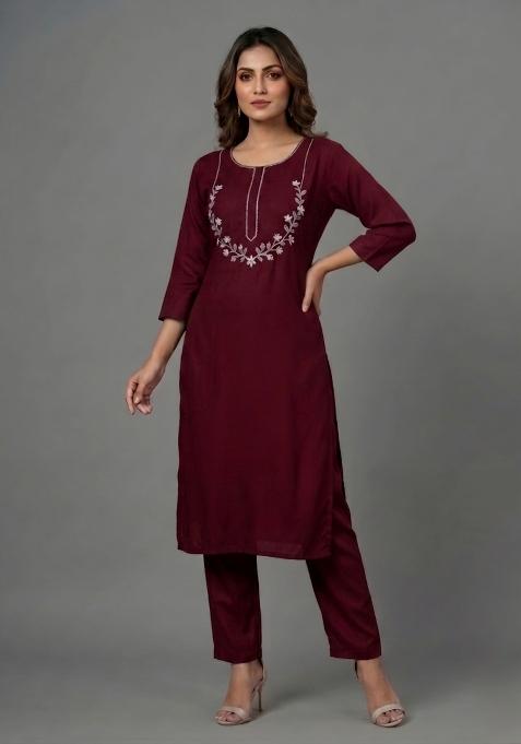 Maroon Embroidered Rayon Palazzo Set