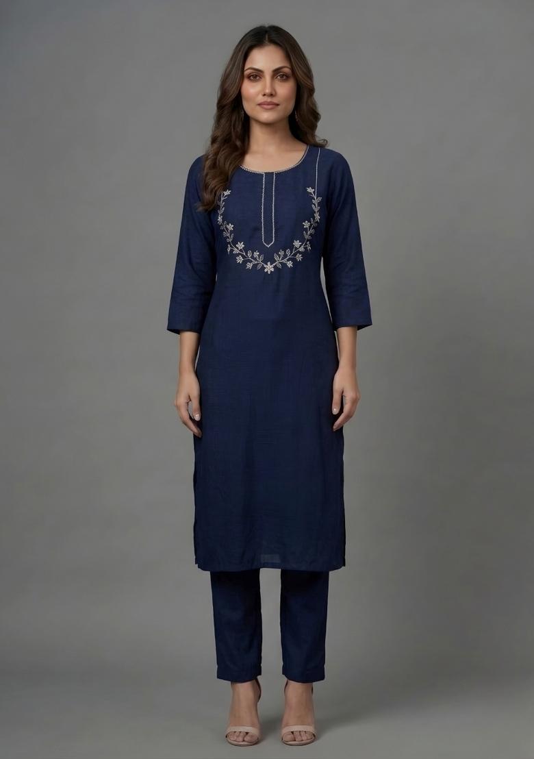 Blue Embroidered Rayon Palazzo Set - Indya