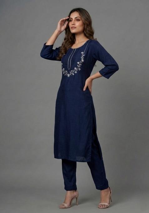 Blue Embroidered Rayon Palazzo Set