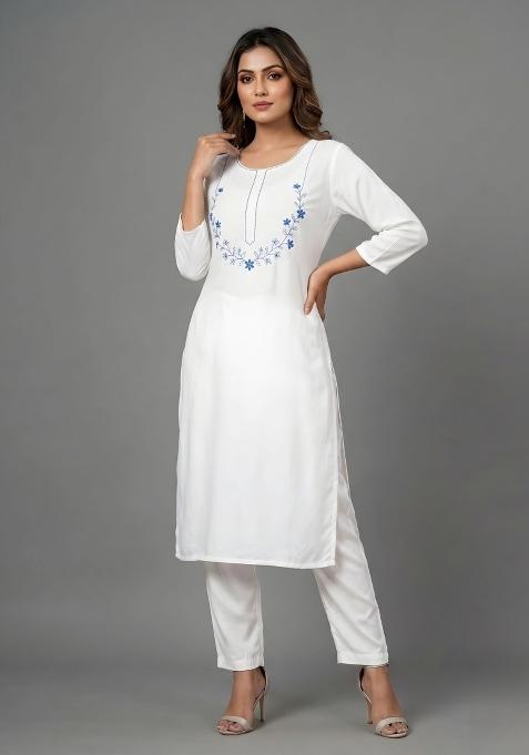 White Embroidered Rayon Palazzo Set