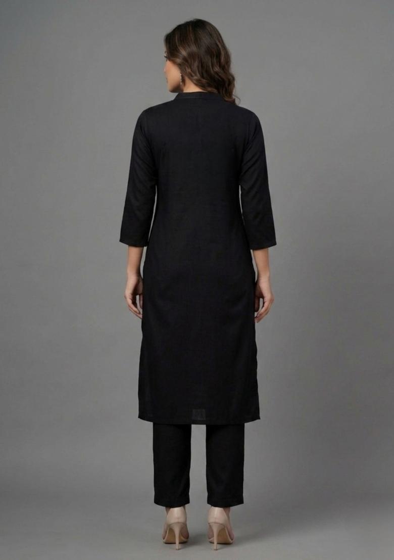 Black Embroidered Rayon Palazzo Set - Indya