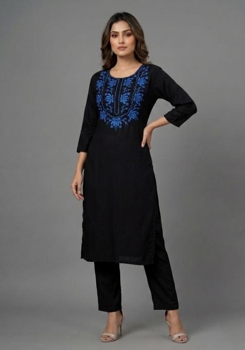 Black Embroidered Rayon Palazzo Set