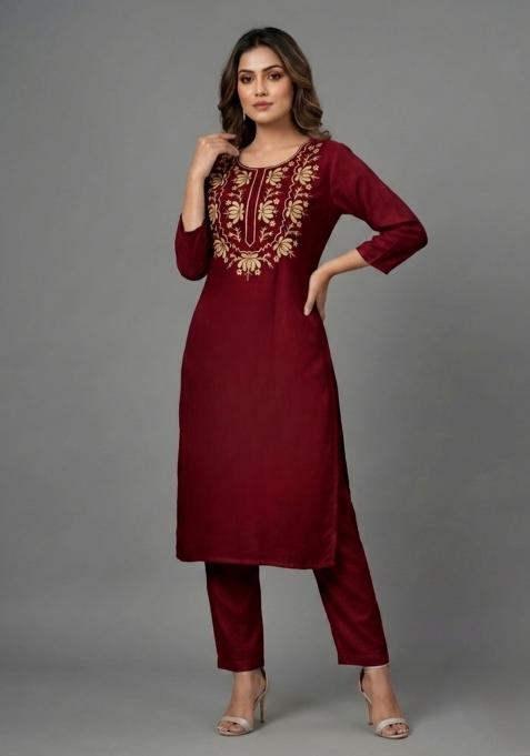 Maroon Embroidered Rayon Palazzo Set