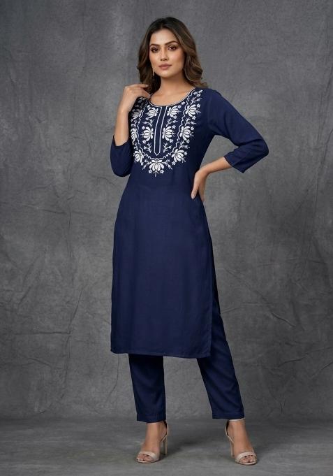 Blue Embroidered Rayon Palazzo Set