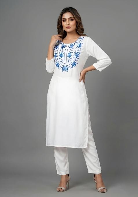 White Embroidered Rayon Palazzo Set