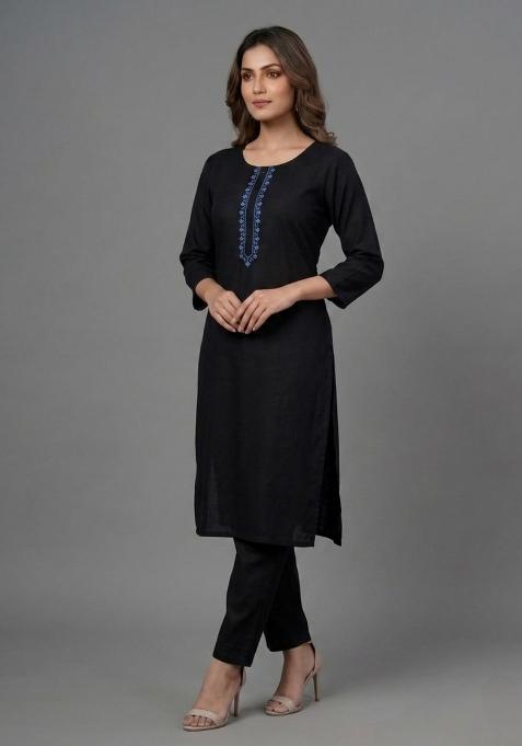 Black Embroidered Rayon Palazzo Set
