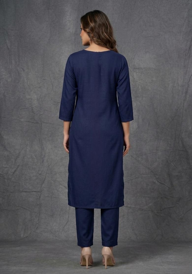Blue Embroidered Rayon Palazzo Set - Indya
