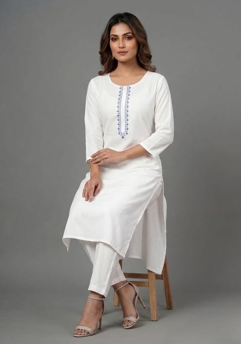 White Embroidered Rayon Palazzo Set