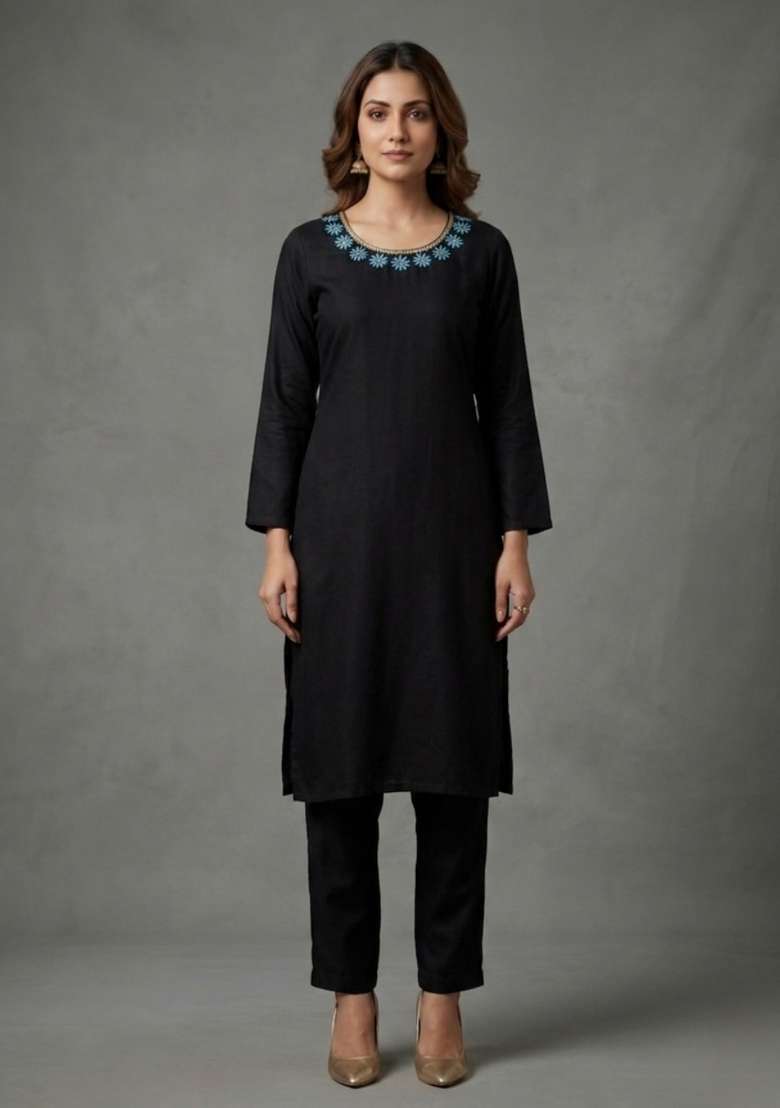 Black Embroidered Rayon Palazzo Set - Indya