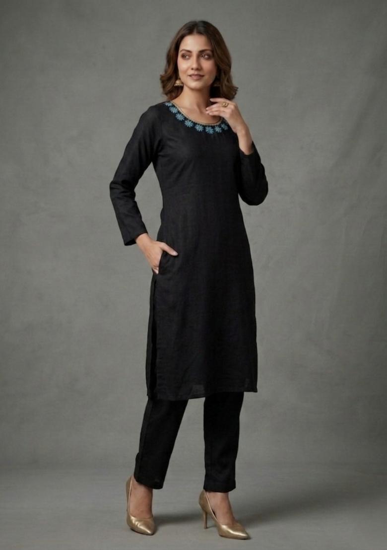 Black Embroidered Rayon Palazzo Set - Indya
