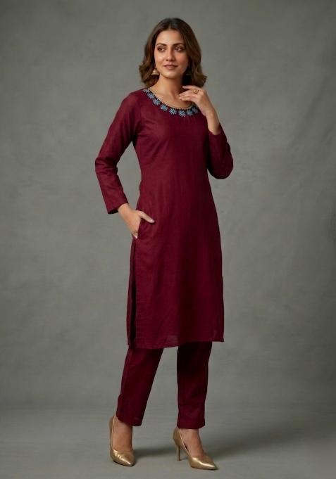 Maroon Embroidered Rayon Palazzo Set