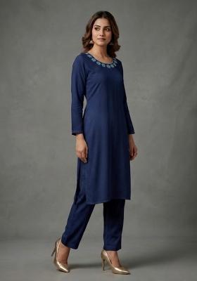 Blue Embroidered Rayon Palazzo Set