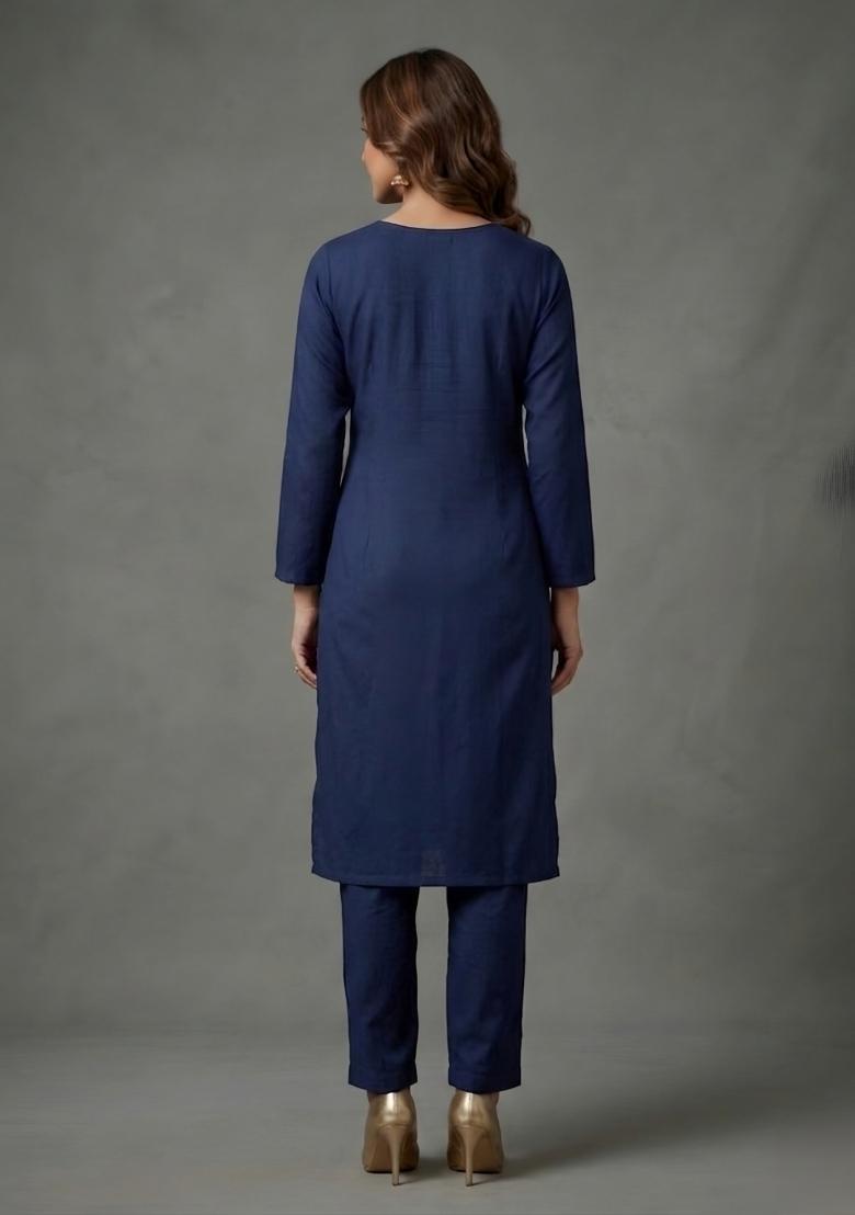 Blue Embroidered Rayon Palazzo Set - Indya