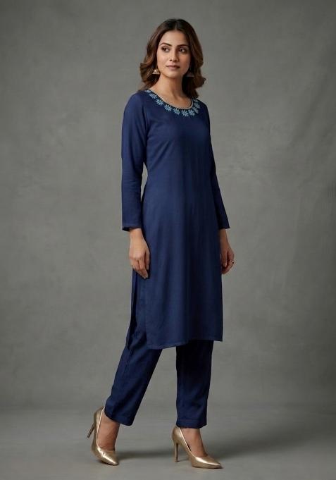 Blue Embroidered Rayon Palazzo Set