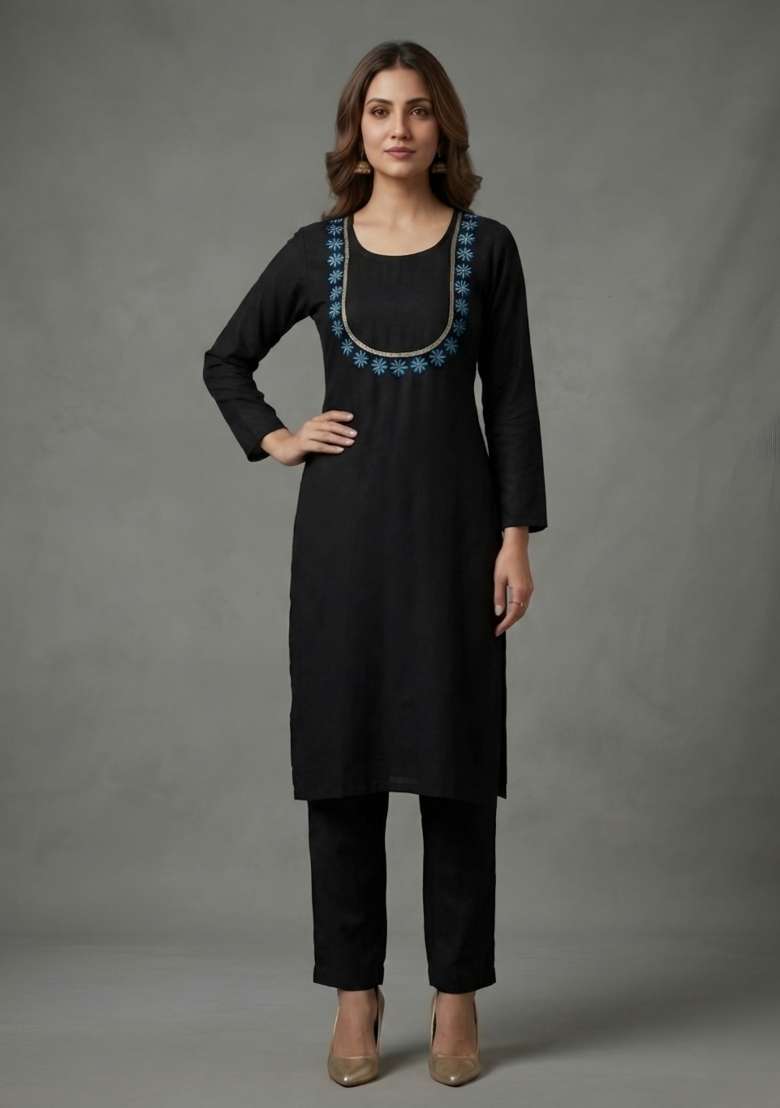 Black Embroidered Rayon Palazzo Set - Indya