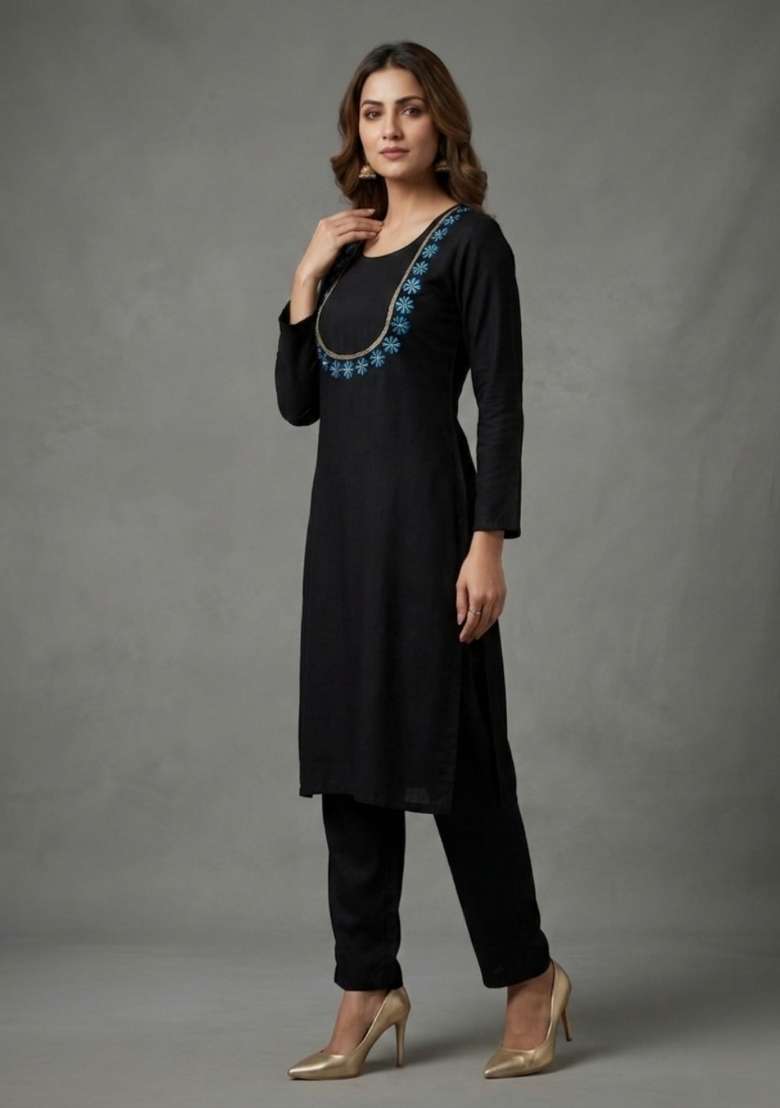 Black Embroidered Rayon Palazzo Set - Indya