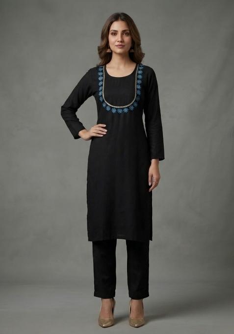Black Embroidered Rayon Palazzo Set