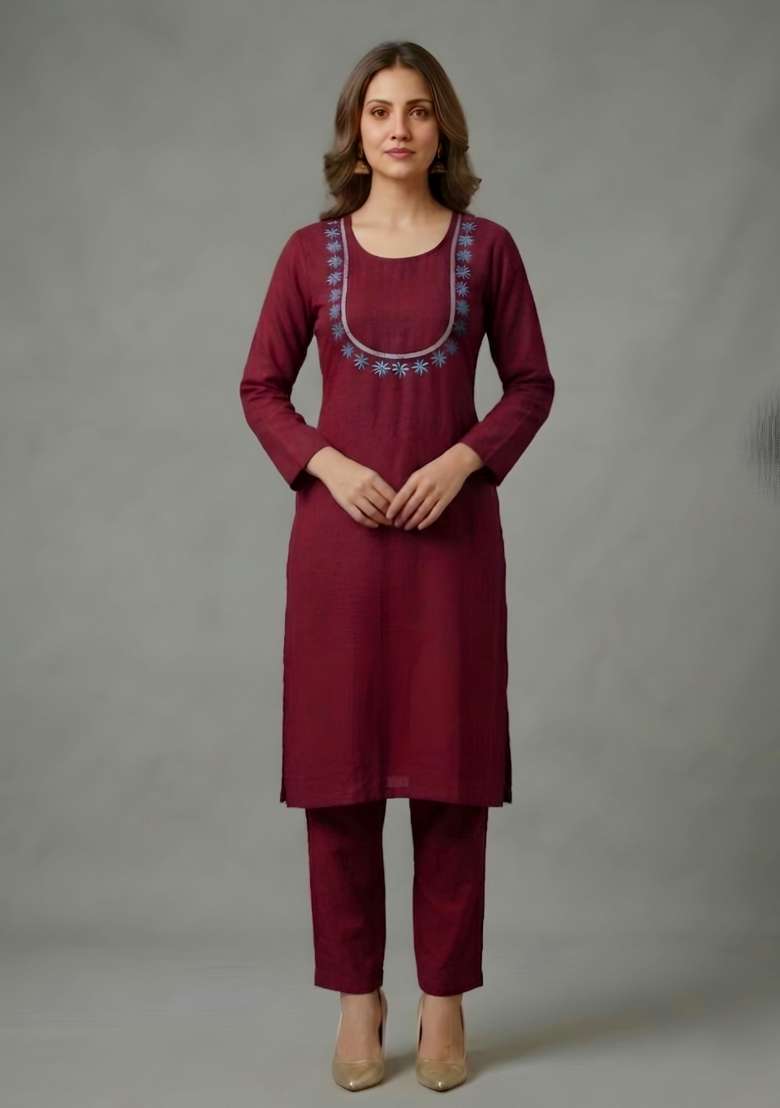 Maroon Embroidered Rayon Palazzo Set - Indya