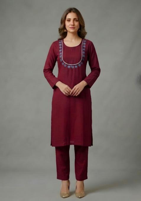 Maroon Embroidered Rayon Palazzo Set