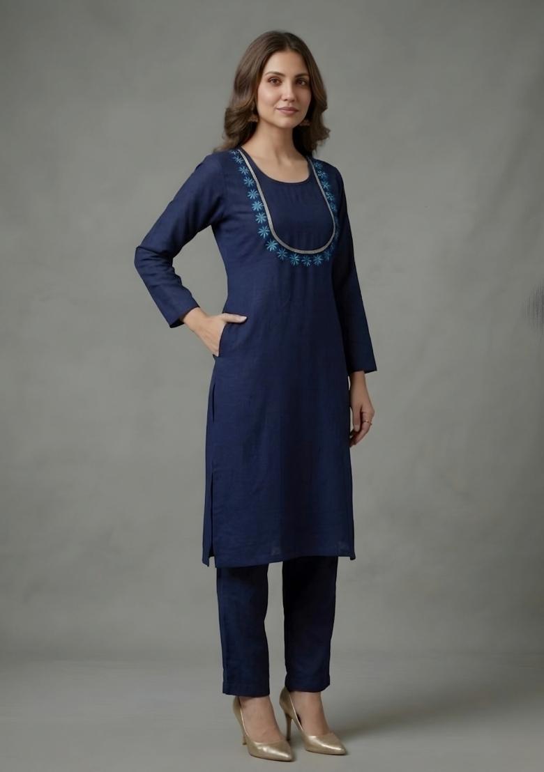 Blue Embroidered Rayon Palazzo Set - Indya